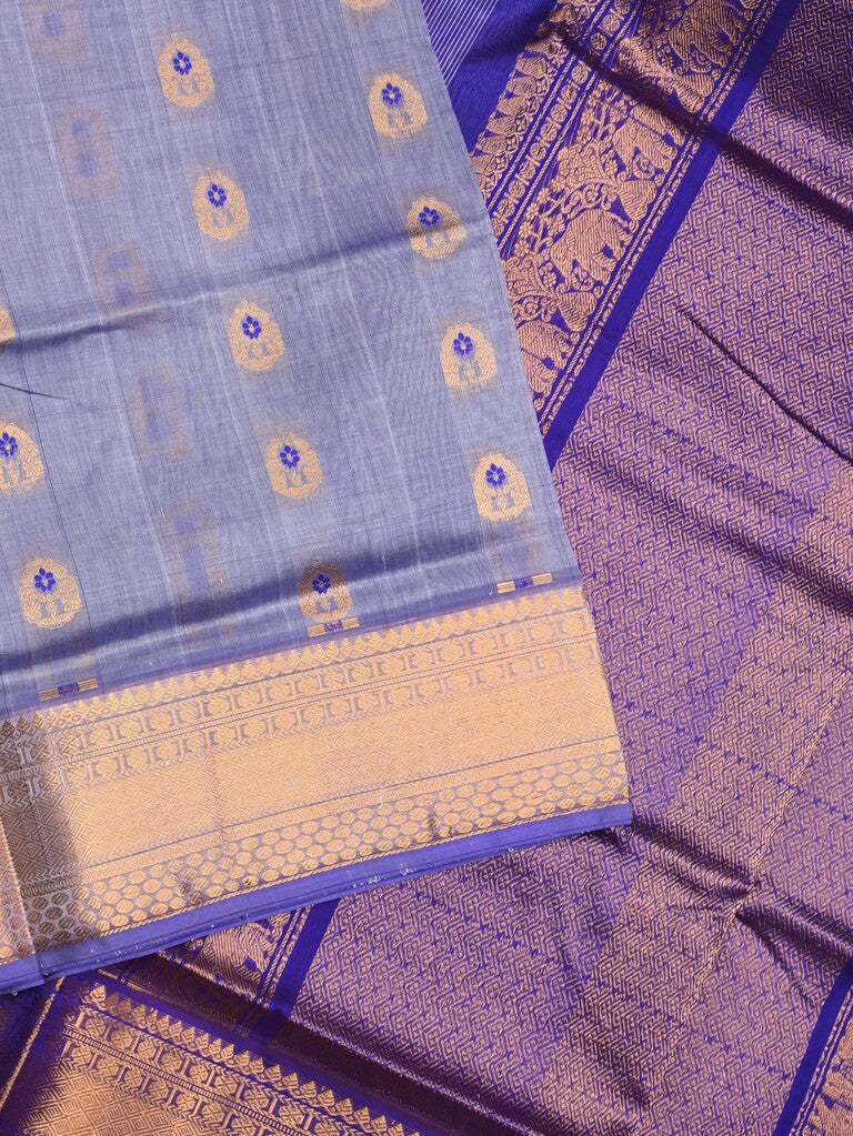 Venkatagiri pattu saree bluish grey color allover zari motifs & kaddi border with rich contrast pallu and attached plain blouse