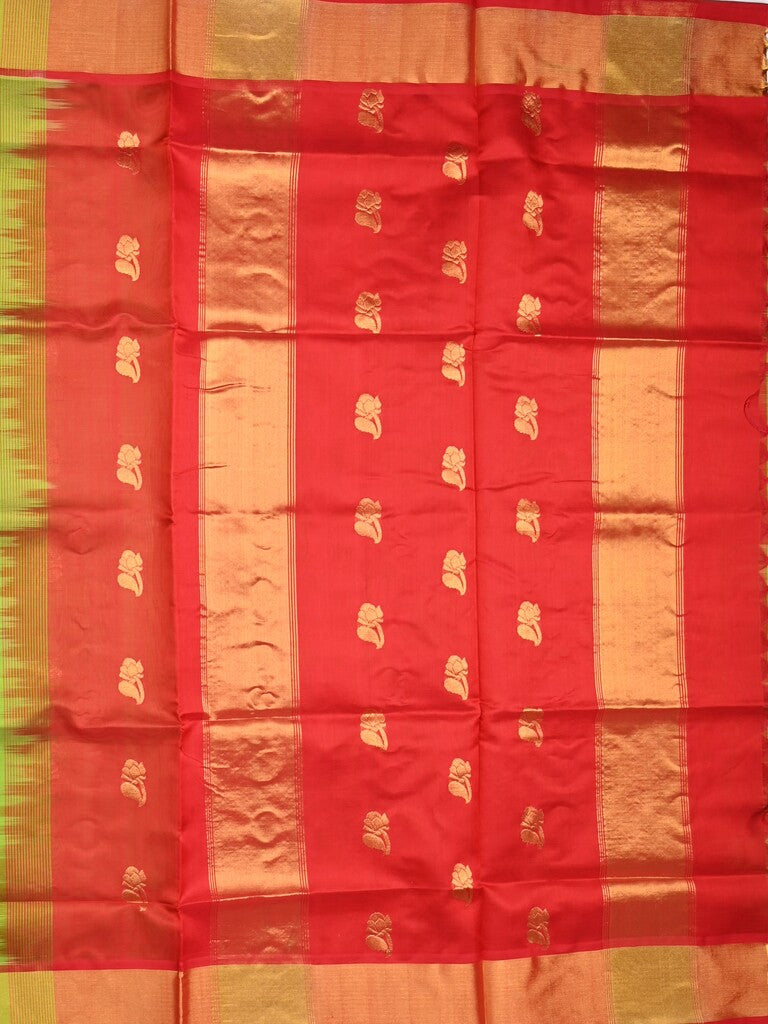 Uppada seiko pattu saree parrot green color allover zari motifs & kaddi border with zari contrast pallu and attached plain blouse