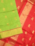 Uppada seiko pattu saree parrot green color allover zari motifs & kaddi border with zari contrast pallu and attached plain blouse