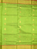 Uppada seiko pattu saree parrot green color allover zari motifs & kaddi border with zari contrast pallu and attached plain blouse