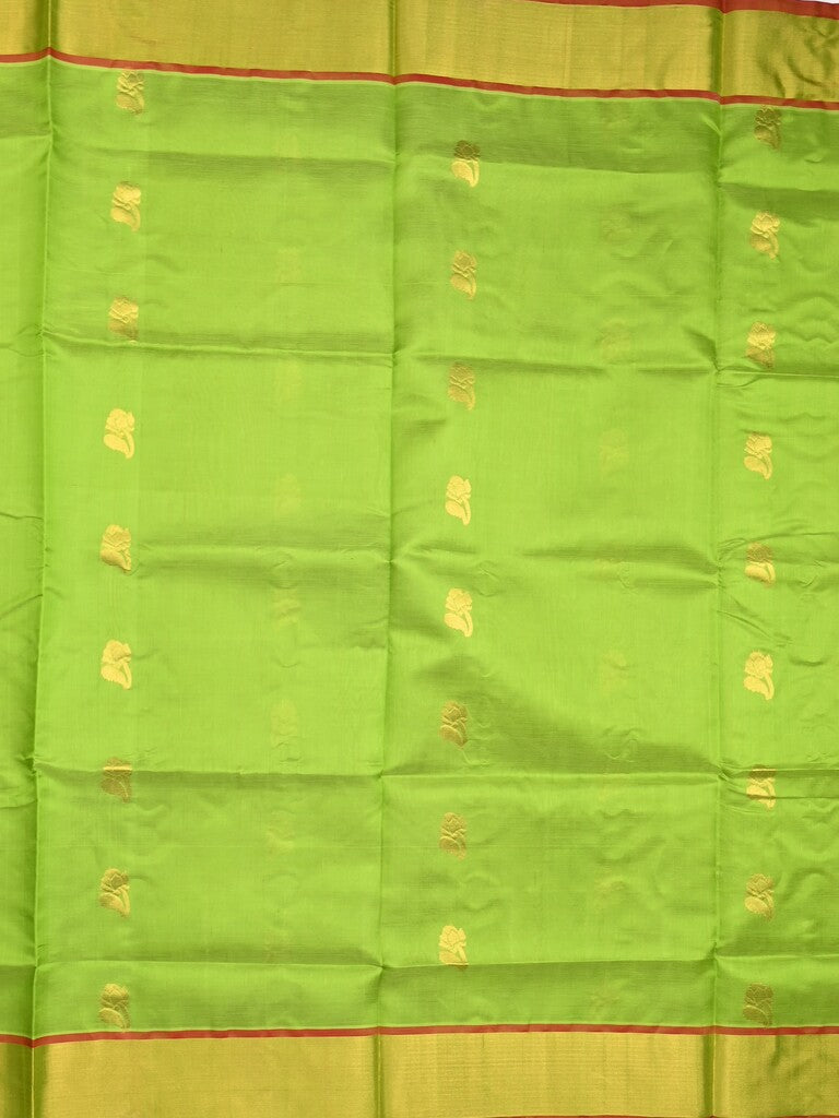 Uppada seiko pattu saree parrot green color allover zari motifs & kaddi border with zari contrast pallu and attached plain blouse