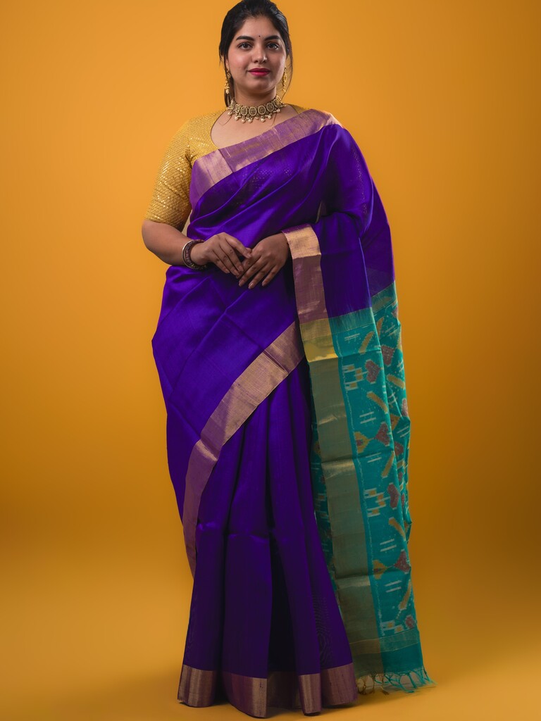 Raw silk pattu saree royal blue color allover plain & small zari border with contrast ikkath pallu and ikkath blouse