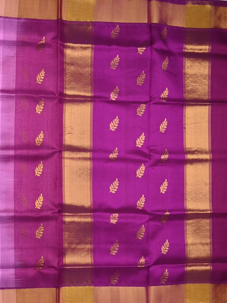 Uppada seiko pattu saree purple color allover zari motifs & kaddi border with zari contrast pallu and attached plain blouse