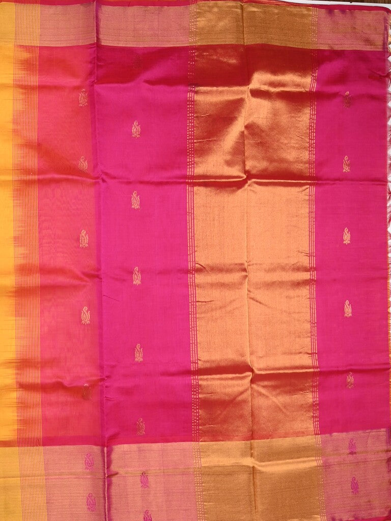 Uppada seiko pattu saree golden yellow color allover zari motifs & kaddi border with zari contrast pallu and attached plain blouse