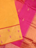 Uppada seiko pattu saree golden yellow color allover zari motifs & kaddi border with zari contrast pallu and attached plain blouse