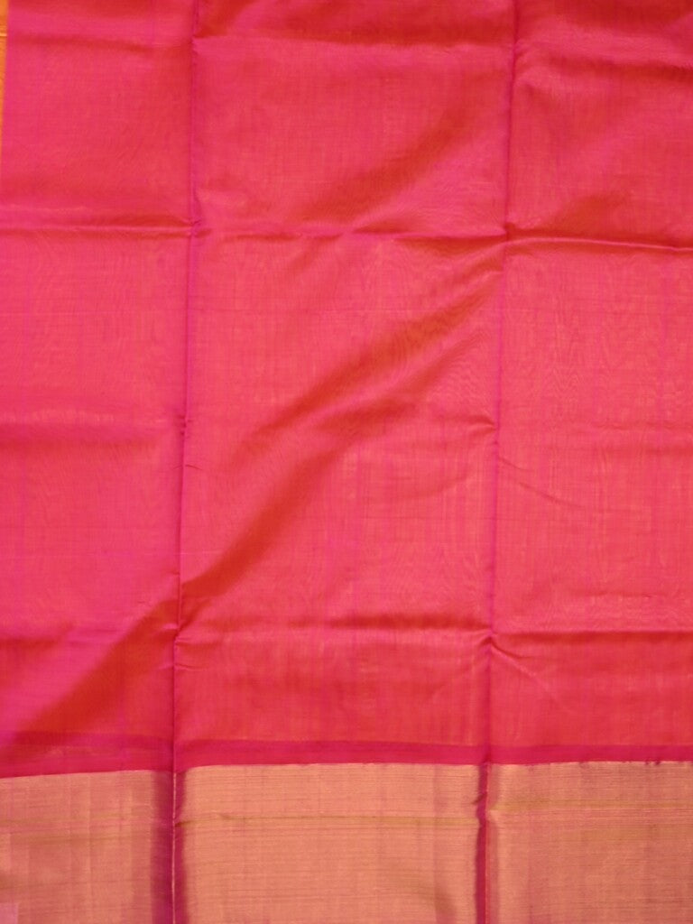 Uppada seiko pattu saree golden yellow color allover zari motifs & kaddi border with zari contrast pallu and attached plain blouse