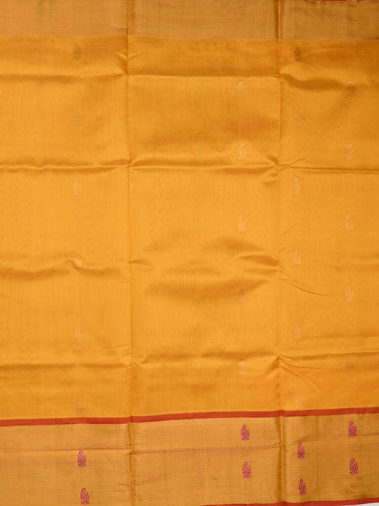 Uppada seiko pattu saree golden yellow color allover zari motifs & kaddi border with zari contrast pallu and attached plain blouse