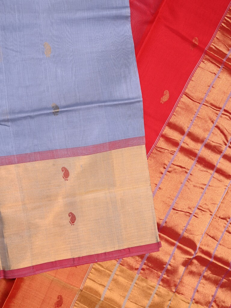 Uppada seiko pattu saree bluish grey color allover zari motifs & kaddi border with zari contrast pallu and attached plain blouse