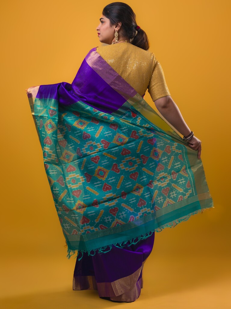 Raw silk pattu saree royal blue color allover plain & small zari border with contrast ikkath pallu and ikkath blouse