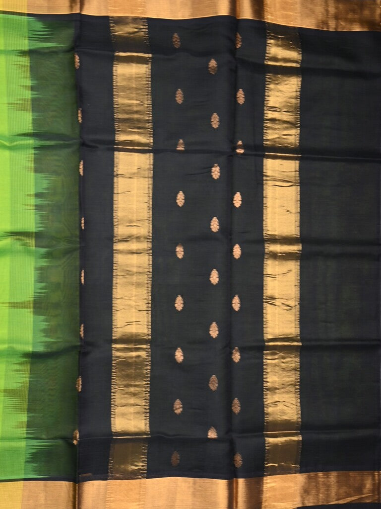 Uppada seiko pattu saree parrot green color allover zari motifs & kaddi border with zari contrast pallu and attached plain blouse