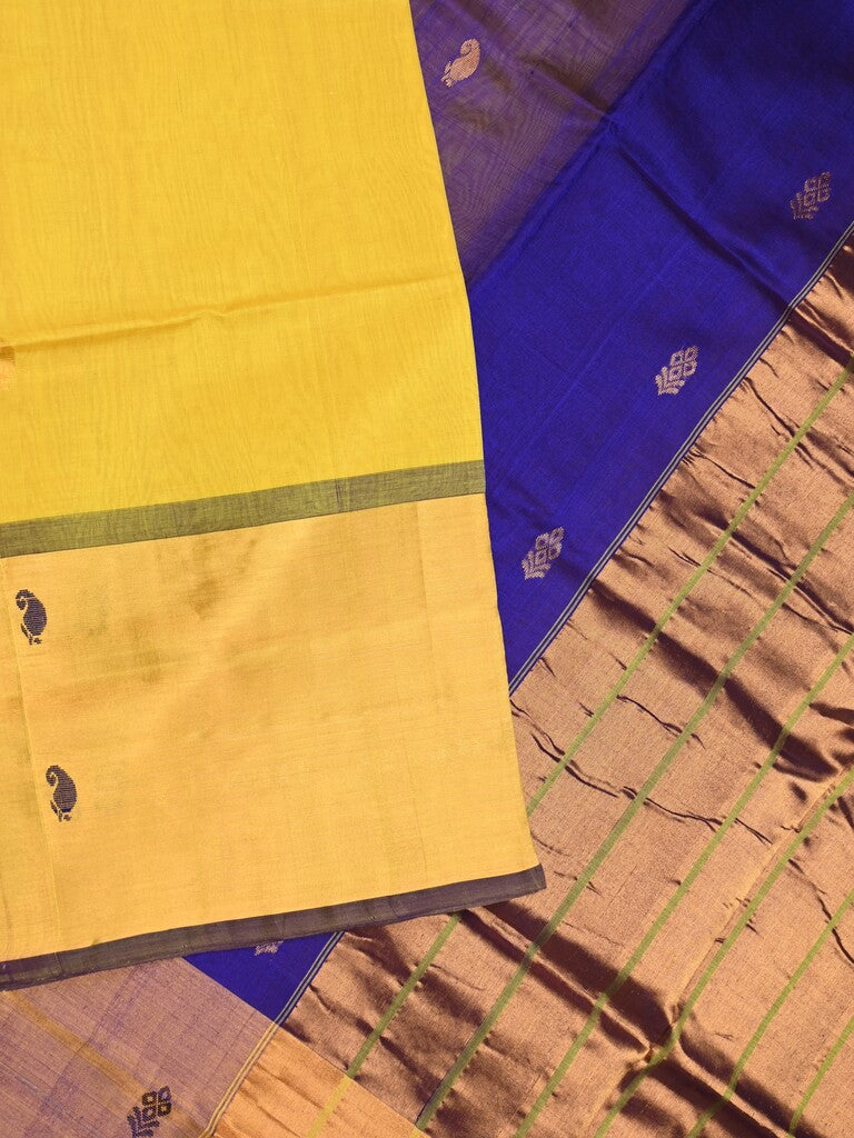 Uppada seiko pattu saree yellow color allover zari motifs & kaddi border with zari contrast pallu and attached plain blouse