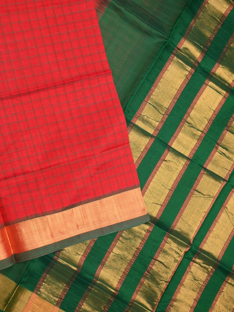 Uppada seiko pattu saree red color allover checks & kaddi border with zari contrast pallu and attached plain blouse