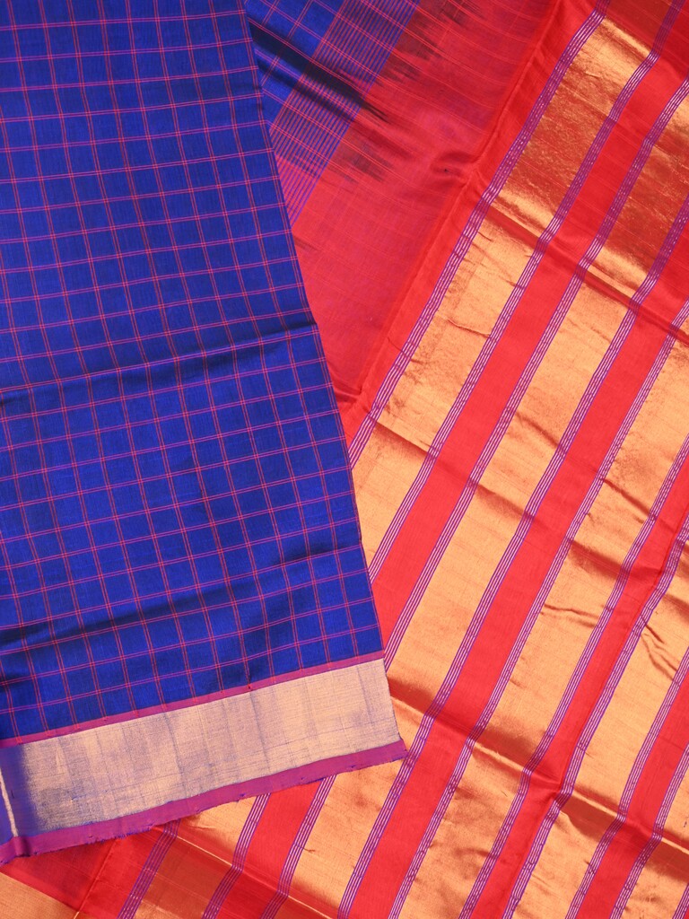 Uppada seiko pattu saree royal blue color allover checks & kaddi border with zari contrast pallu and attached plain blouse