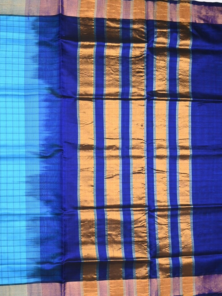 Uppada seiko pattu saree sky blue color allover checks & kaddi border with zari contrast pallu and attached plain blouse