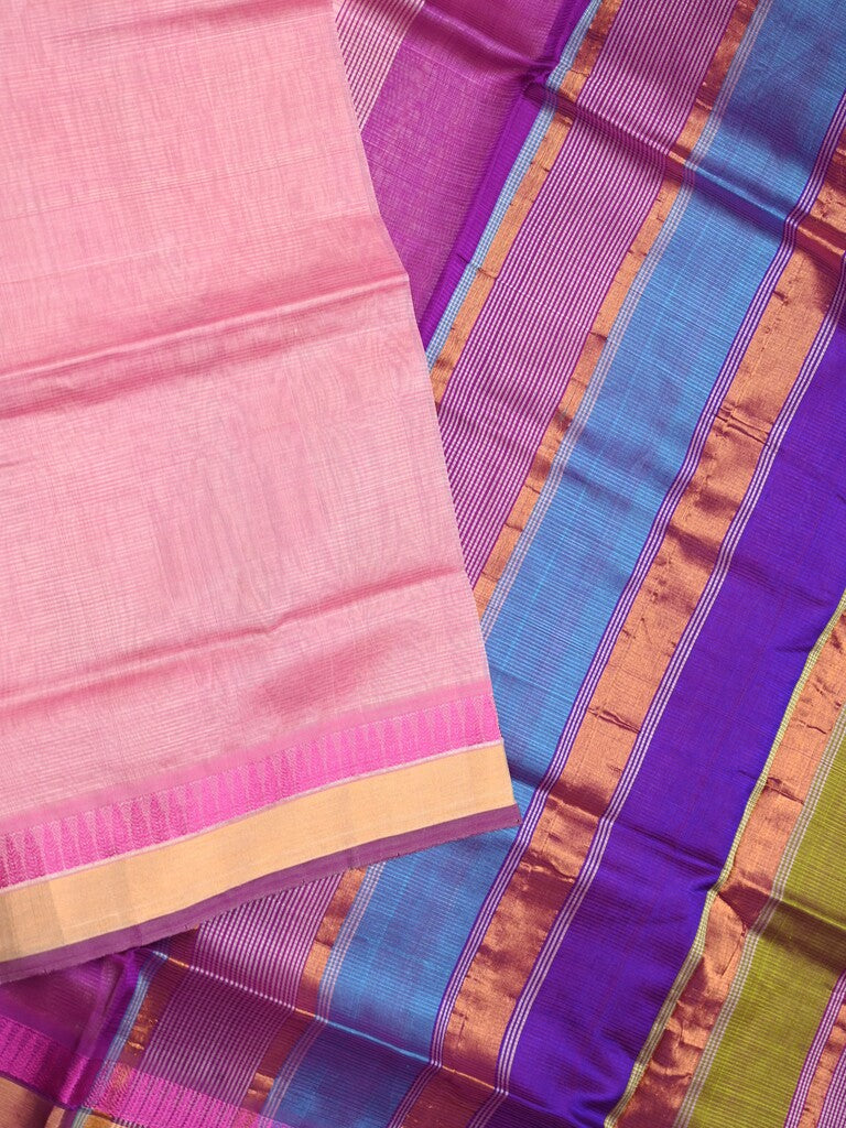 Uppada seiko pattu saree baby pink color allover plain & temple border with zari contrast pallu and attached plain blouse