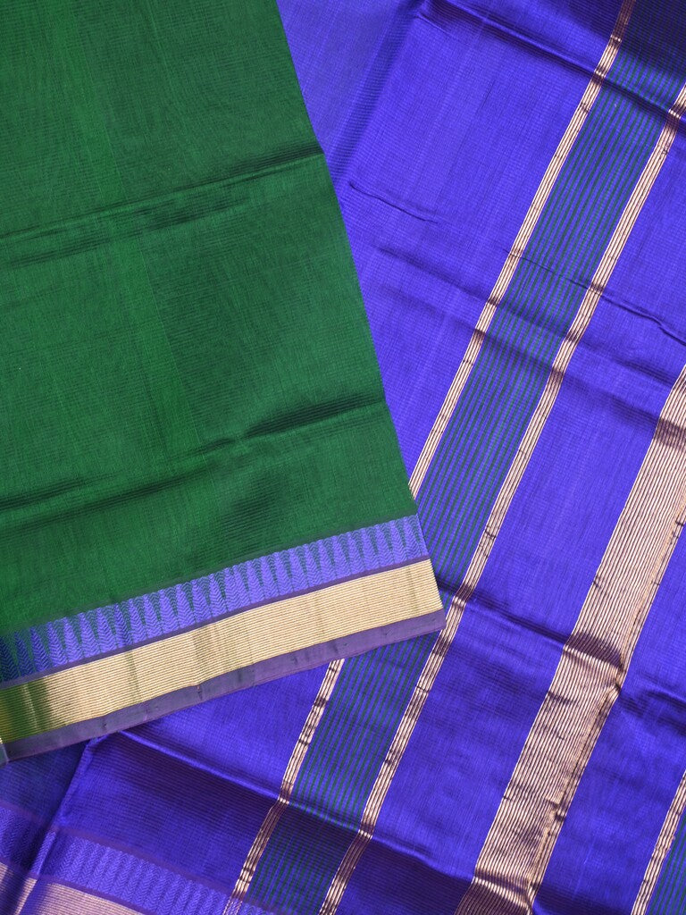 Uppada seiko pattu saree bottle green color allover plain & temple border with zari contrast pallu and attached plain blouse