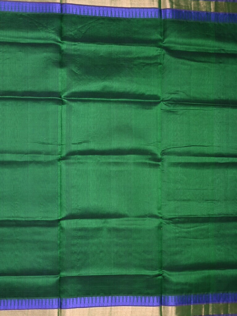 Uppada seiko pattu saree bottle green color allover plain & temple border with zari contrast pallu and attached plain blouse