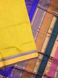 Uppada seiko pattu saree yellow color allover plain & temple border with zari contrast pallu and attached plain blouse
