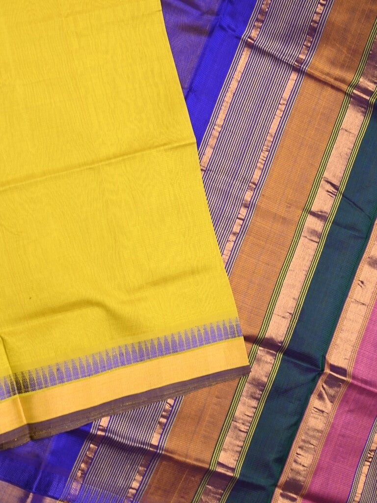 Uppada seiko pattu saree yellow color allover plain & temple border with zari contrast pallu and attached plain blouse