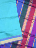 Uppada seiko pattu saree light blue color allover plain & temple border with zari contrast pallu and attached plain blouse