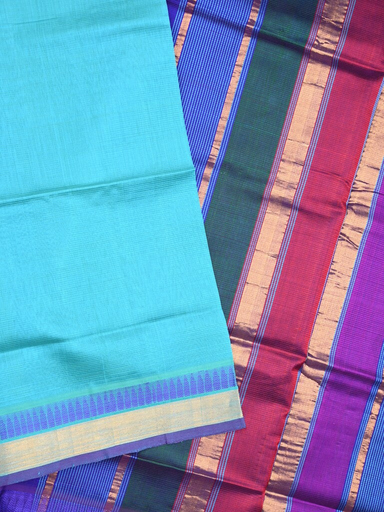 Uppada seiko pattu saree light blue color allover plain & temple border with zari contrast pallu and attached plain blouse
