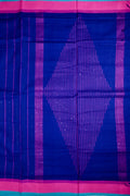 Jute cotton saree blue color with all over thread lines with sequence, big pallu, small contrast border and plain blouse.