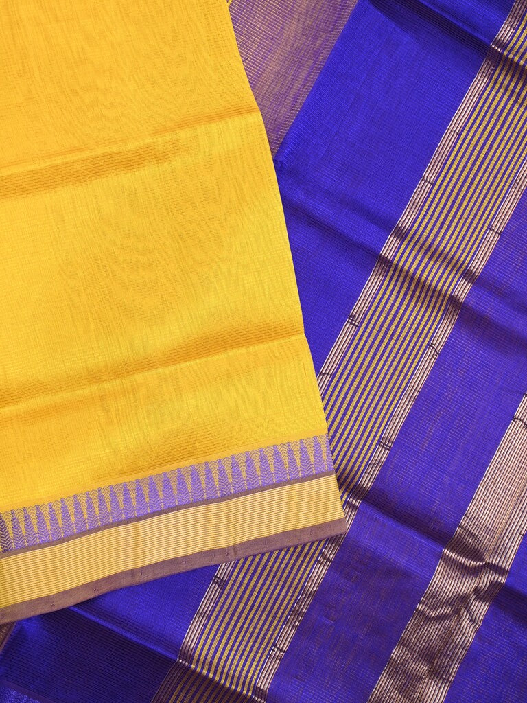 Uppada seiko pattu saree golden yellow color allover plain & temple border with zari contrast pallu and attached plain blouse