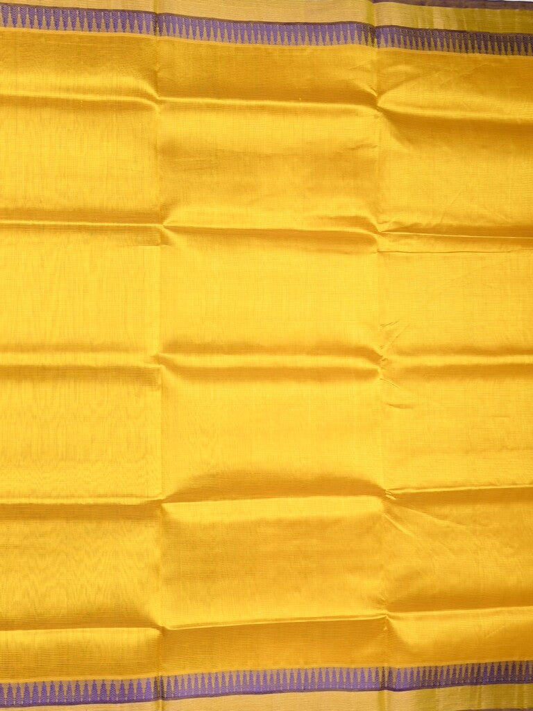 Uppada seiko pattu saree golden yellow color allover plain & temple border with zari contrast pallu and attached plain blouse