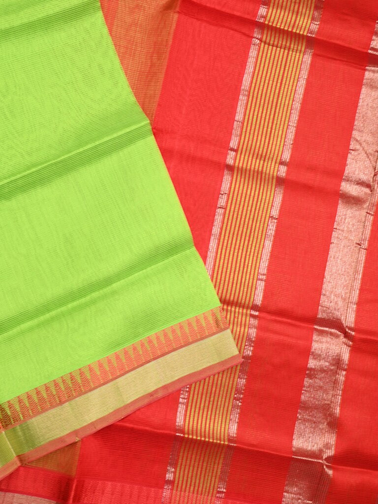 Uppada seiko pattu saree parrot green color allover plain & temple border with zari contrast pallu and attached plain blouse