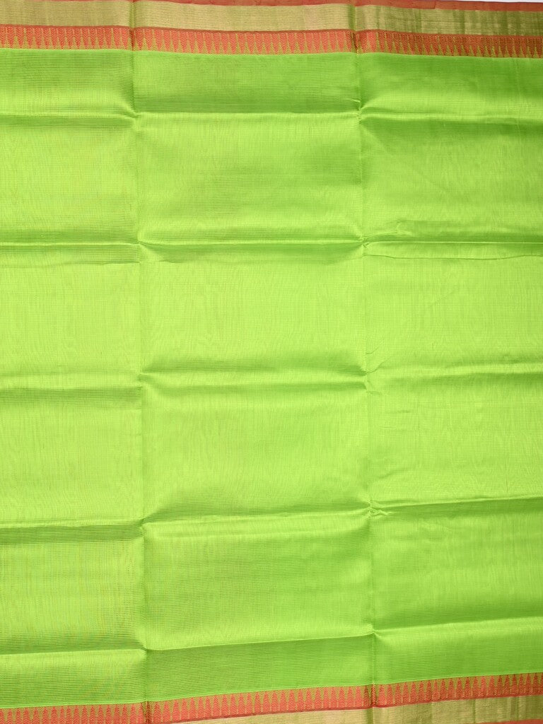 Uppada seiko pattu saree parrot green color allover plain & temple border with zari contrast pallu and attached plain blouse