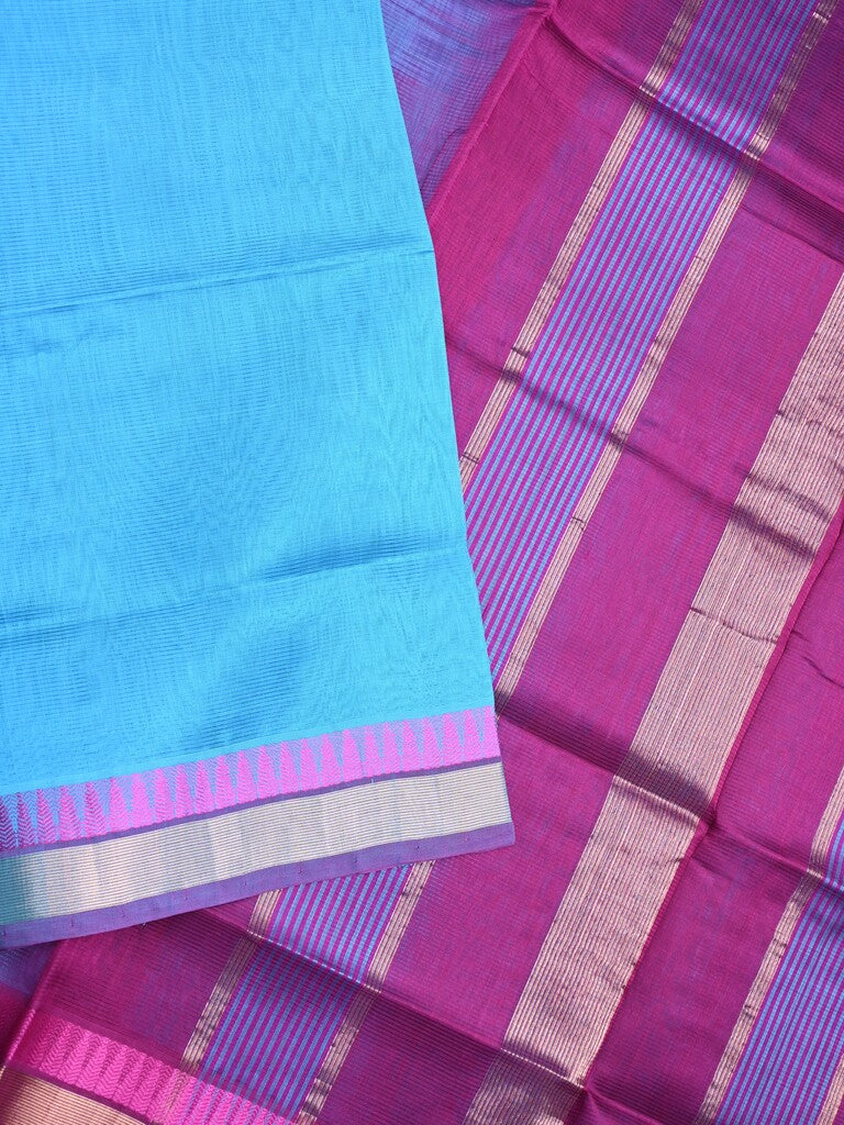 Uppada seiko pattu saree sky blue color allover plain & temple border with zari contrast pallu and attached plain blouse