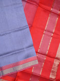 Uppada seiko pattu saree bluish grey color allover plain & temple border with zari contrast pallu and attached plain blouse