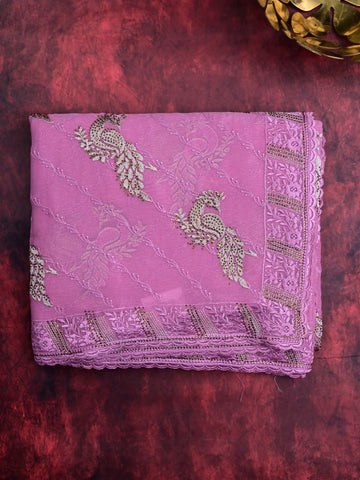 Chiffon fancy saree purple color allover embroidery & embroidery border with running pallu and attached fancy blouse