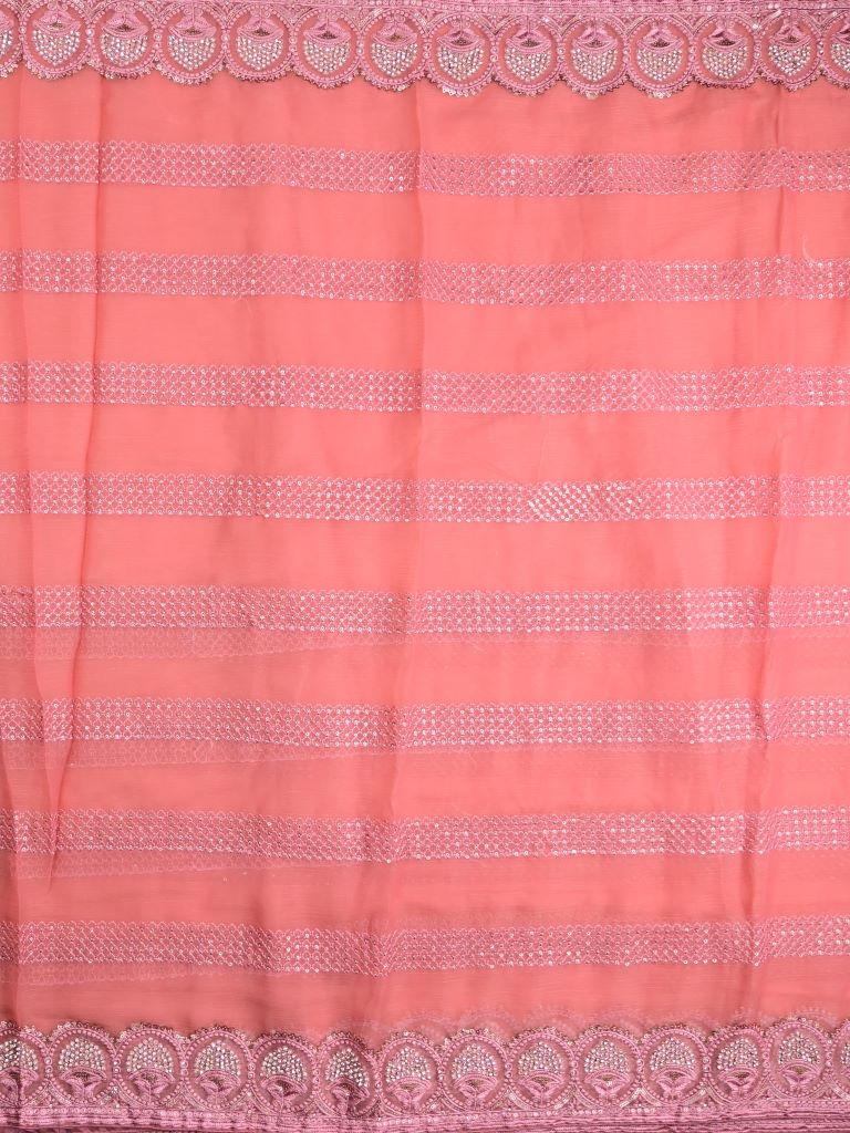 Chiffon fancy saree coral pink color allover embroidery stripes & embroidery border with running pallu and attached fancy blouse