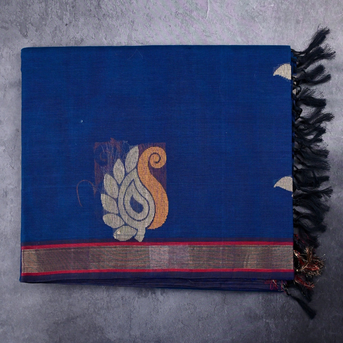 Kanchi cotton saree peacock blue color with thread motive weaves, small zari border, contrast pallu and plain blouse.