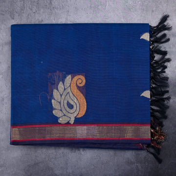 Kanchi cotton saree peacock blue color with thread motive weaves, small zari border, contrast pallu and plain blouse.