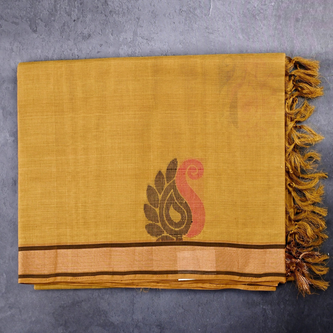 Kanchi cotton saree musturd yellow color with thread motive weaves, small zari border, contrast pallu and plain blouse.