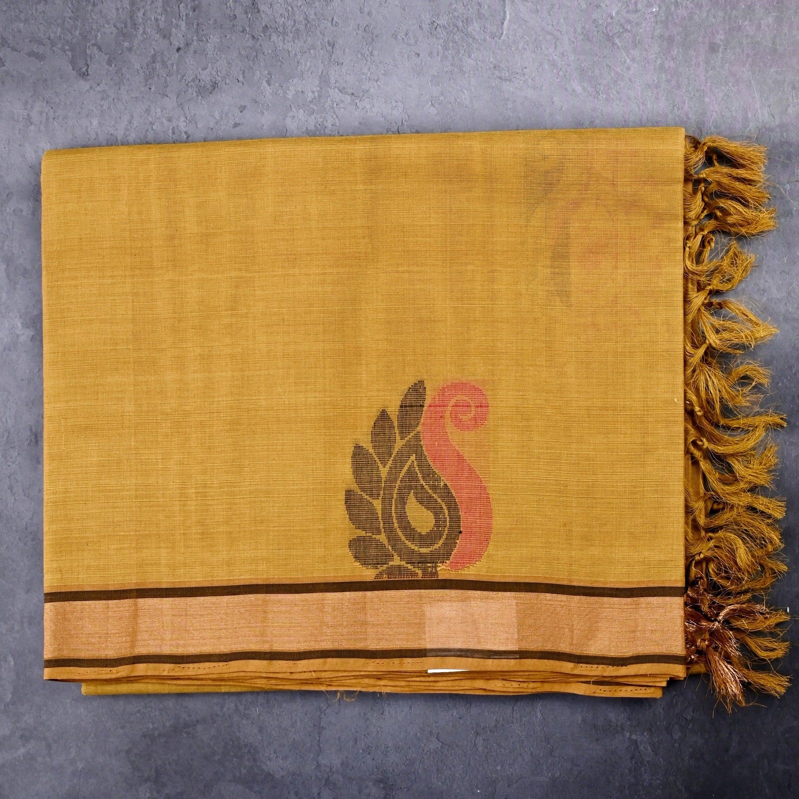 Kanchi cotton saree musturd yellow color with thread motive weaves, small zari border, contrast pallu and plain blouse.