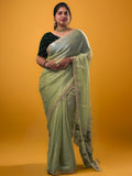 Organza crush fancy saree light pista green color allover plain & embroidery border with embroidery pallu and contrast blouse