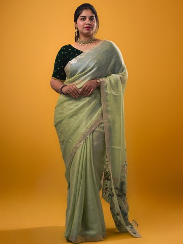 Organza crush fancy saree light pista green color allover plain & embroidery border with embroidery pallu and contrast blouse