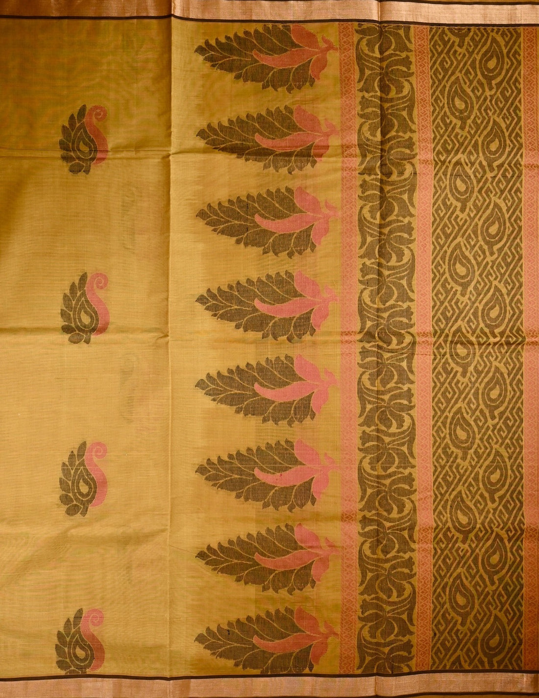 Kanchi cotton saree musturd yellow color with thread motive weaves, small zari border, contrast pallu and plain blouse.