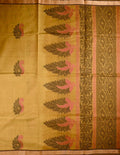 Kanchi cotton saree musturd yellow color with thread motive weaves, small zari border, contrast pallu and plain blouse.