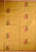 Kanchi cotton saree musturd yellow color with thread motive weaves, small zari border, contrast pallu and plain blouse.