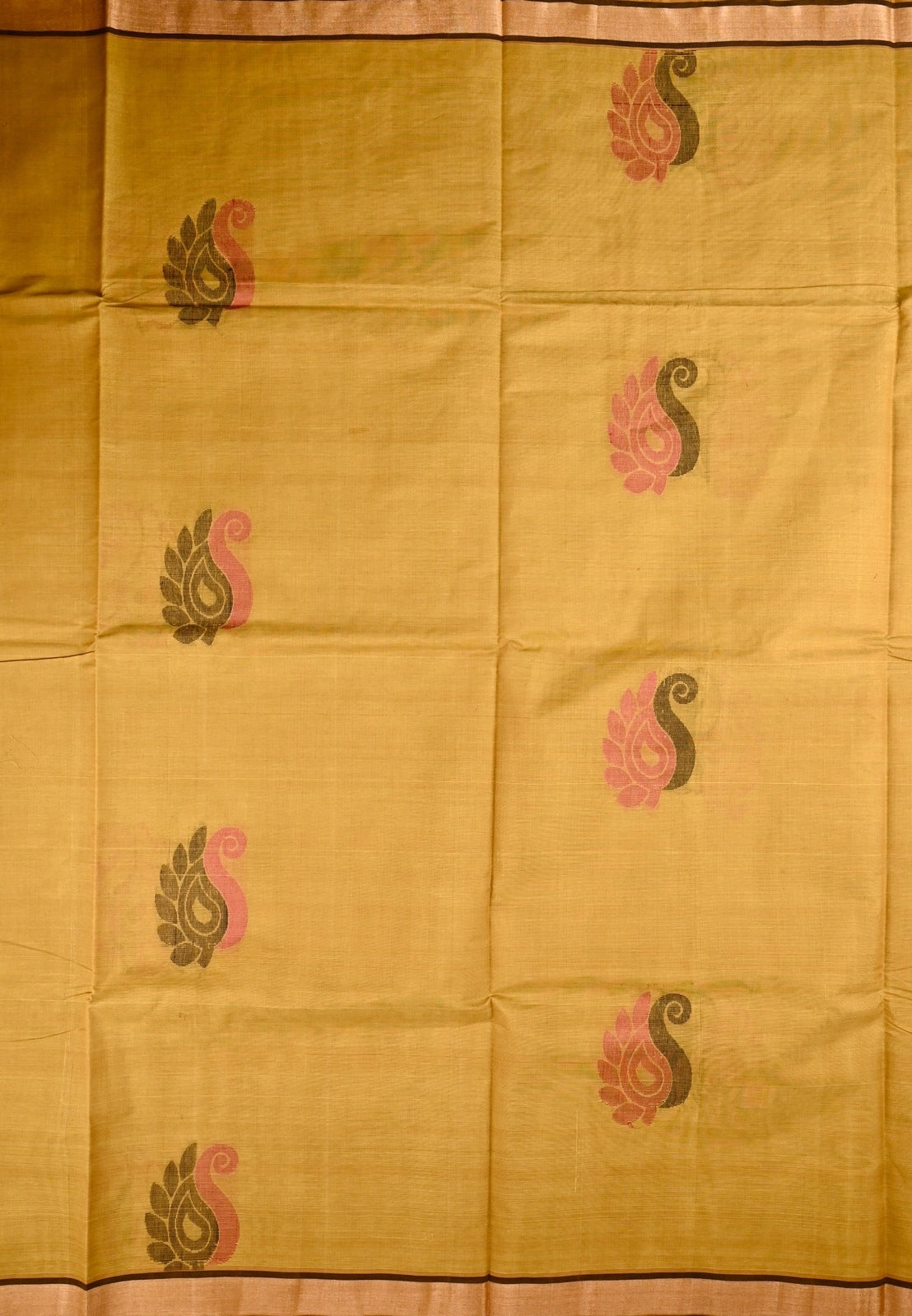 Kanchi cotton saree musturd yellow color with thread motive weaves, small zari border, contrast pallu and plain blouse.