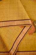 Kanchi cotton saree musturd yellow color with thread motive weaves, small zari border, contrast pallu and plain blouse.