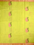 Kanchi cotton saree parrot green color with thread motive weaves, small zari border, contrast pallu and plain blouse.