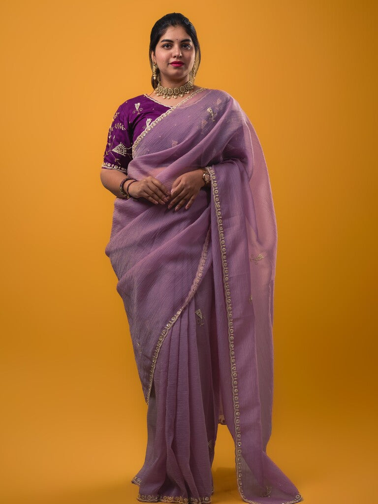 Chiffon crush fancy saree lavender color allover embroidery butis & cutwork embroidery border with running pallu and embroidery stitched blouse