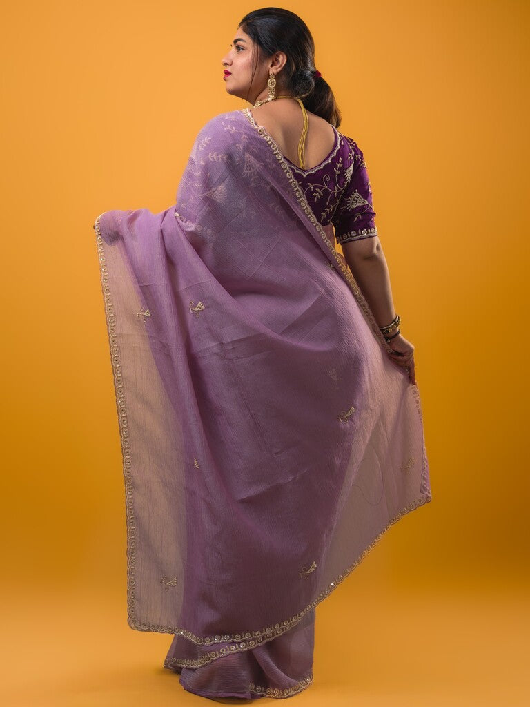 Chiffon crush fancy saree lavender color allover embroidery butis & cutwork embroidery border with running pallu and embroidery stitched blouse