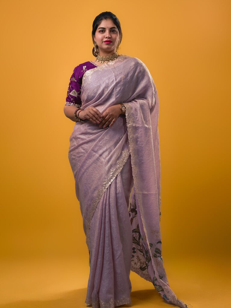 Organza crush fancy saree lavender color allover plain & embroidery border with embroidery pallu and contrast blouse