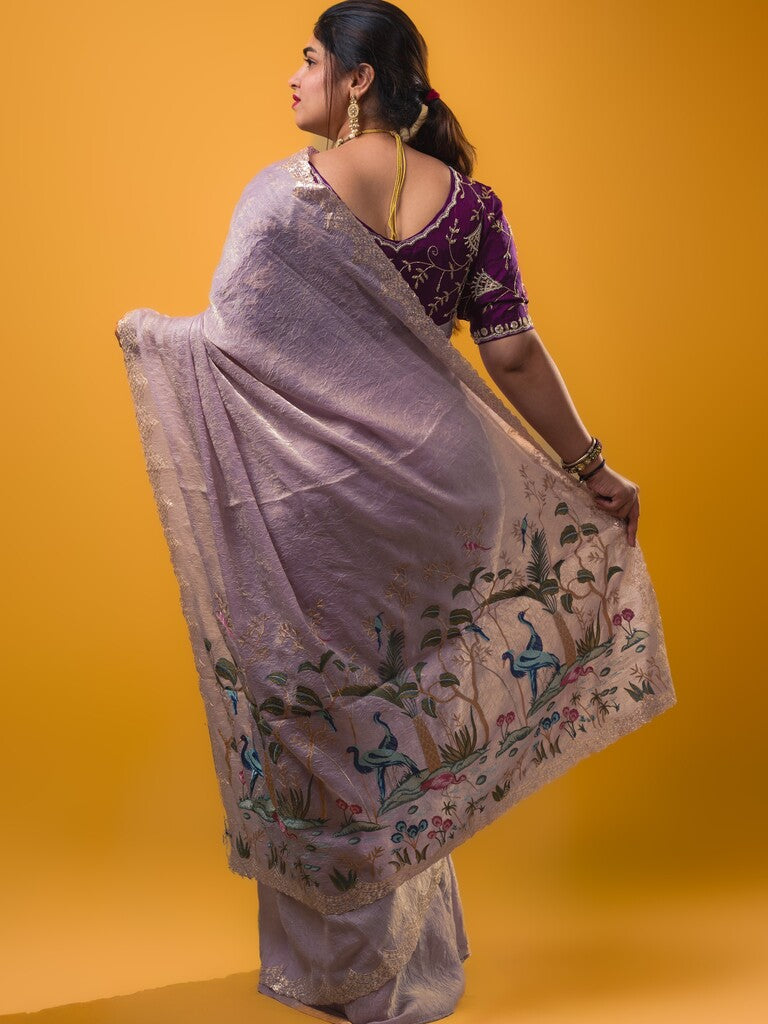 Organza crush fancy saree lavender color allover plain & embroidery border with embroidery pallu and contrast blouse